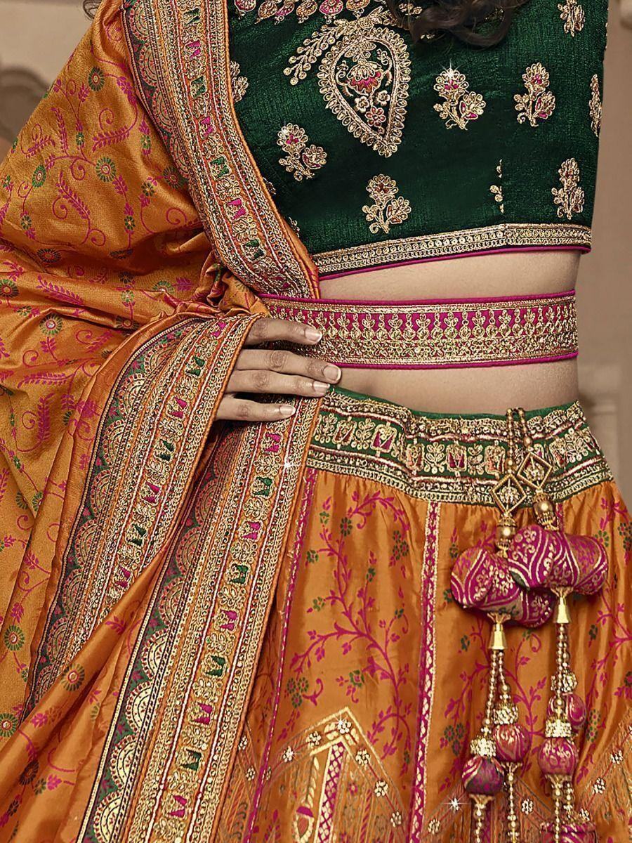 Luxurious Orange Embroidered Banarasi Silk Designer Lehenga Choli - Zeel Clothing
