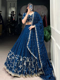 Luxurious Teal Blue Embroidered Vichitra Silk Party Wear Lehenga Choli With Dupatta - Zeel Clothing