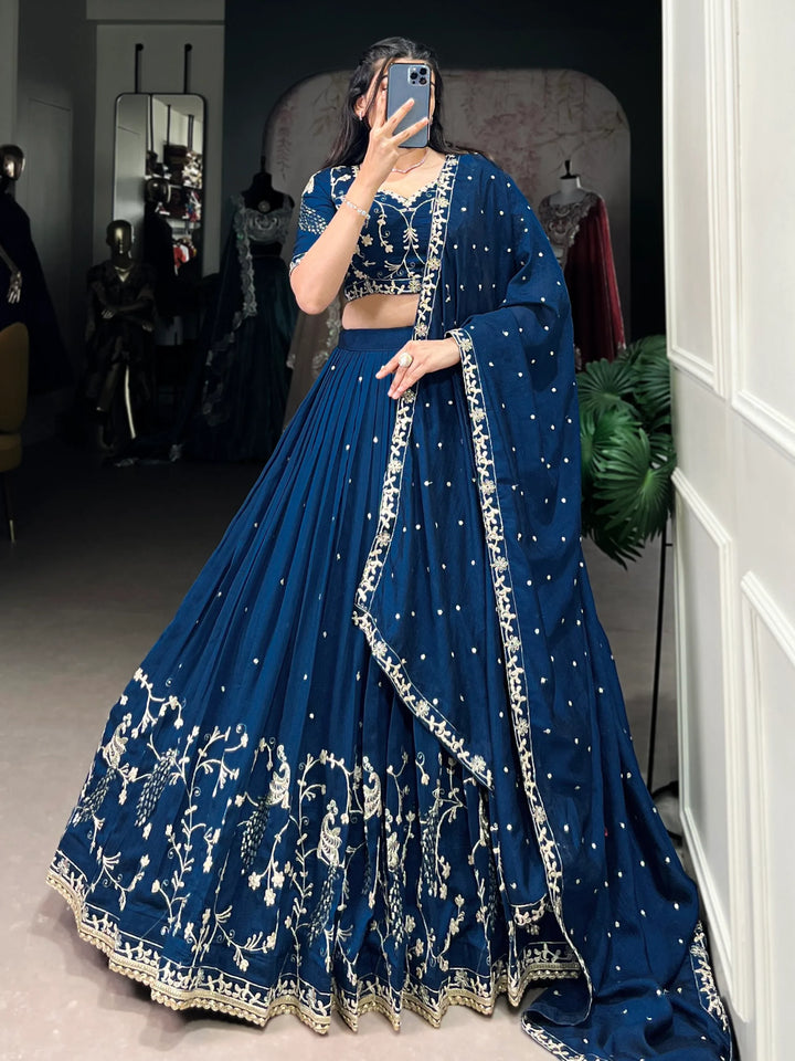 Luxurious Teal Blue Embroidered Vichitra Silk Party Wear Lehenga Choli With Dupatta - Zeel Clothing