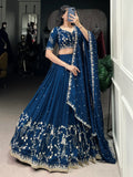 Luxurious Teal Blue Embroidered Vichitra Silk Party Wear Lehenga Choli With Dupatta - Zeel Clothing