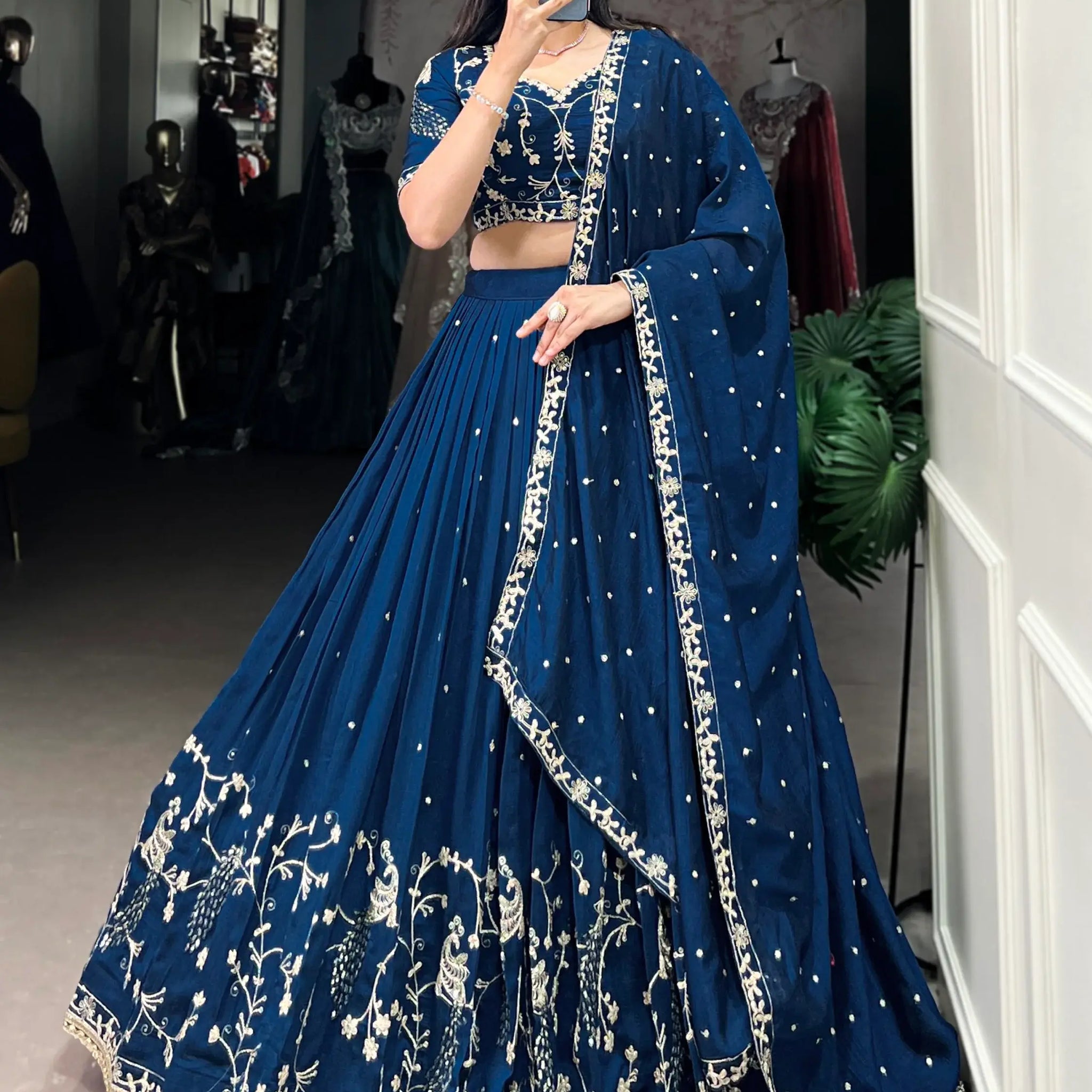 Luxurious Teal Blue Embroidered Vichitra Silk Party Wear Lehenga Choli With Dupatta - Zeel Clothing