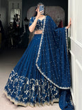 Luxurious Teal Blue Embroidered Vichitra Silk Party Wear Lehenga Choli With Dupatta - Zeel Clothing