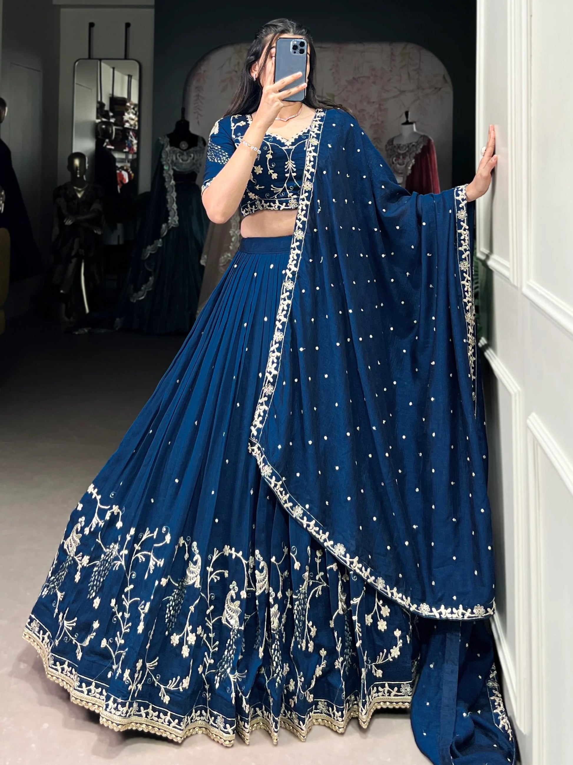 Luxurious Teal Blue Embroidered Vichitra Silk Party Wear Lehenga Choli With Dupatta - Zeel Clothing