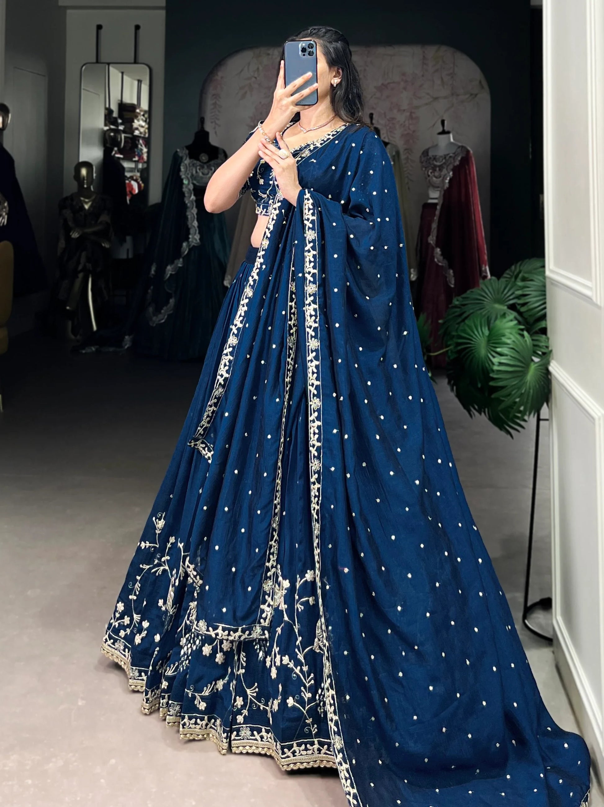 Luxurious Teal Blue Embroidered Vichitra Silk Party Wear Lehenga Choli With Dupatta - Zeel Clothing