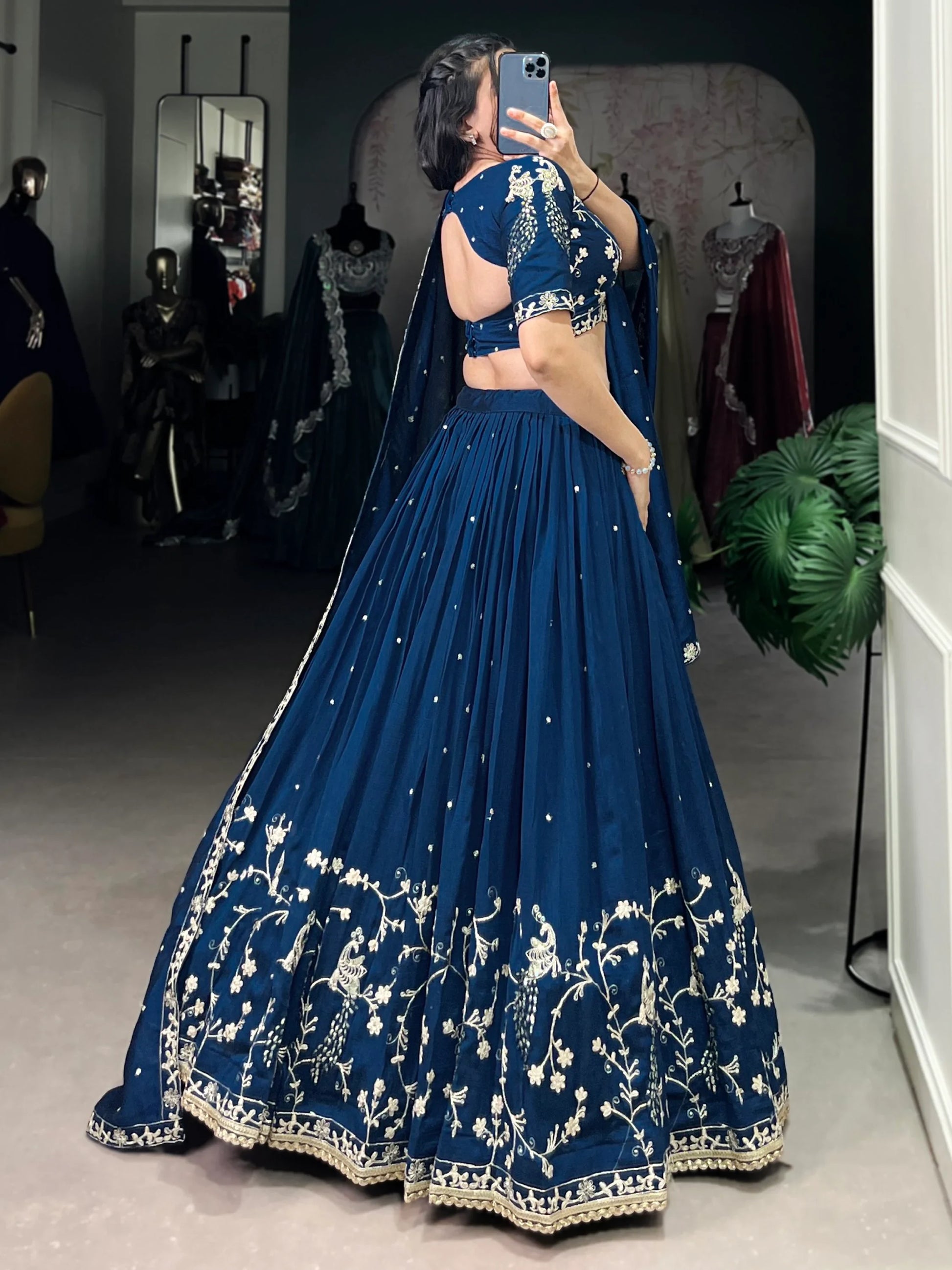 Luxurious Teal Blue Embroidered Vichitra Silk Party Wear Lehenga Choli With Dupatta - Zeel Clothing