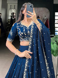 Luxurious Teal Blue Embroidered Vichitra Silk Party Wear Lehenga Choli With Dupatta - Zeel Clothing