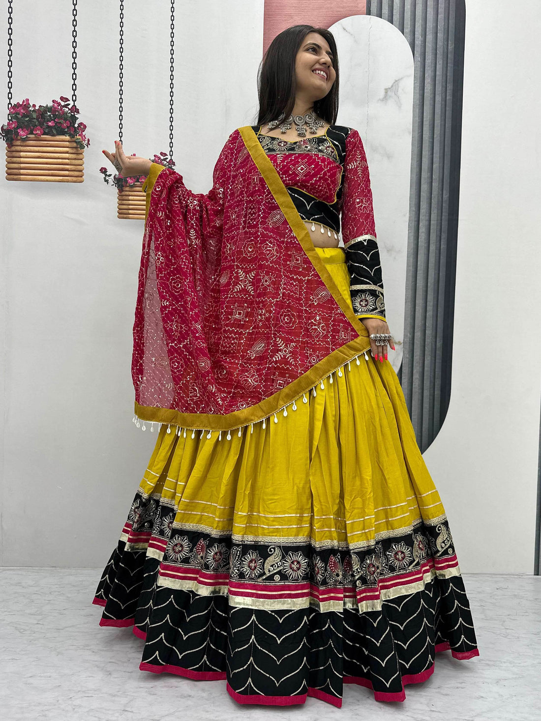 Luxurious Yellow Thread Embroidery Cotton Navratri Wear Lehenga With Blouse - Zeel Clothing