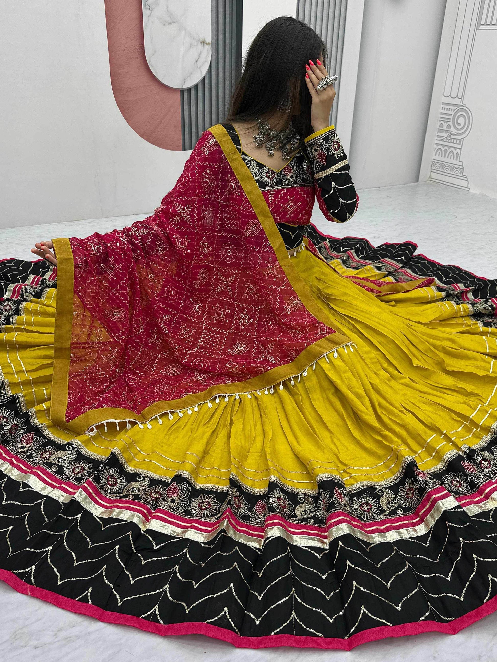 Luxurious Yellow Thread Embroidery Cotton Navratri Wear Lehenga With Blouse - Zeel Clothing