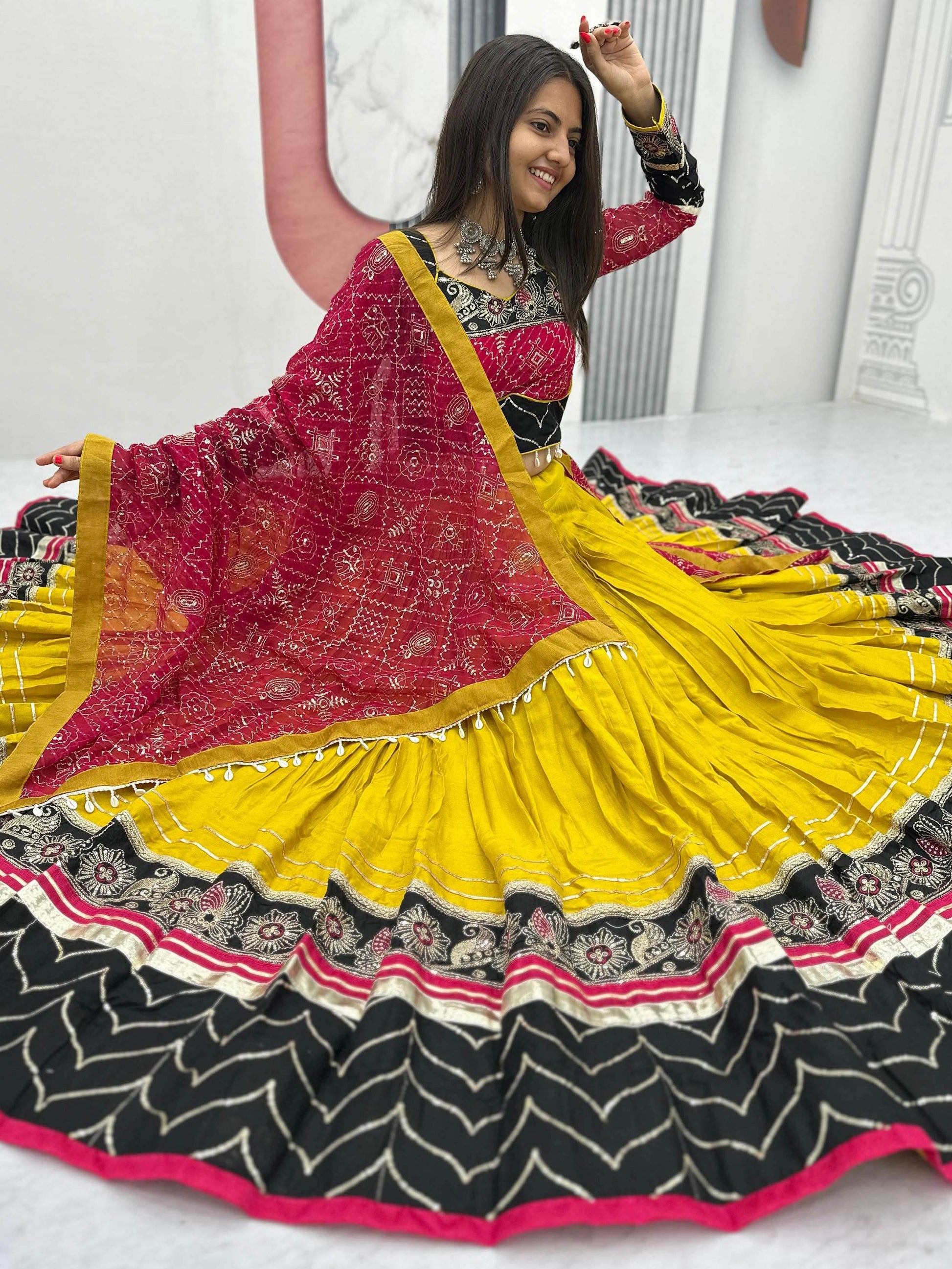 Luxurious Yellow Thread Embroidery Cotton Navratri Wear Lehenga With Blouse - Zeel Clothing