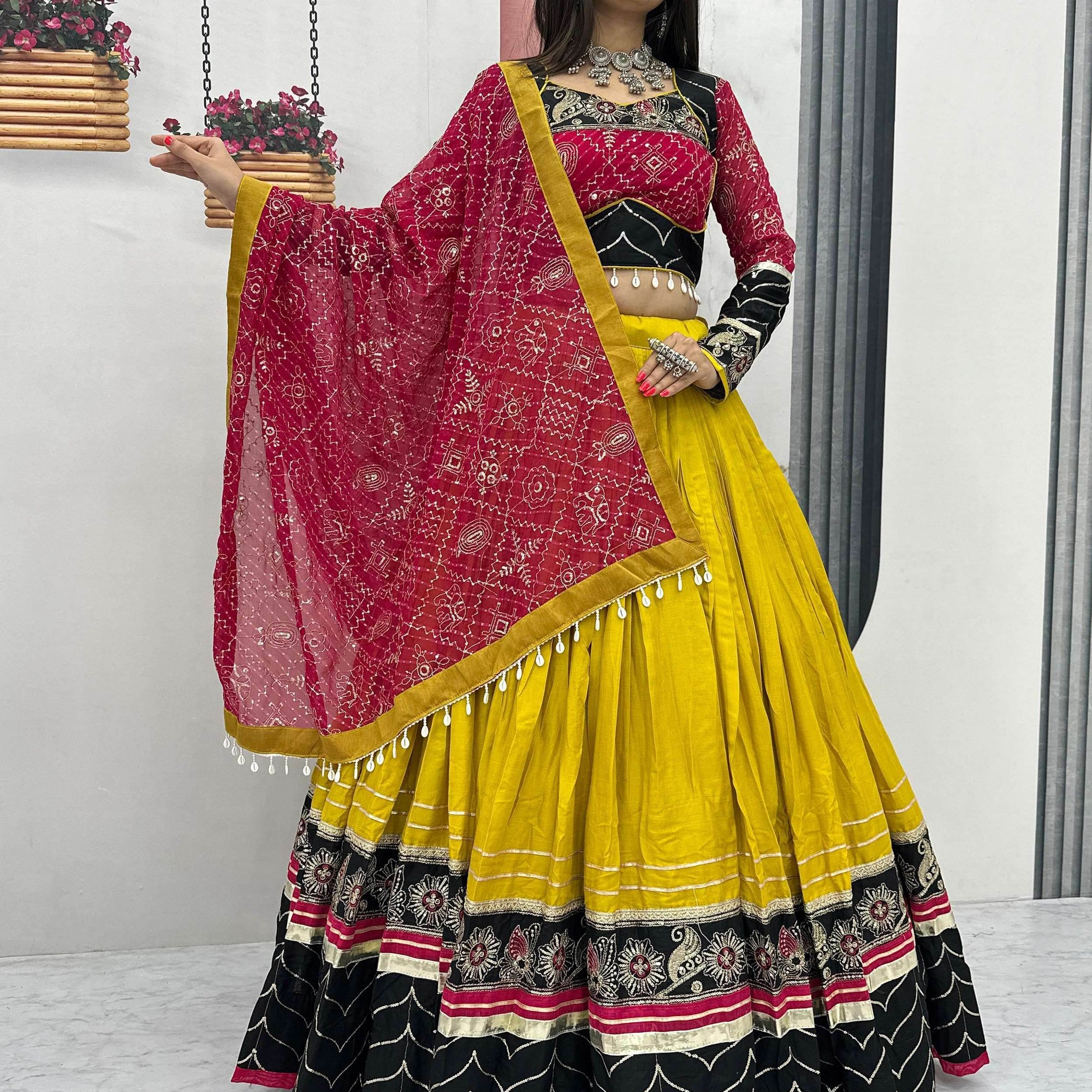 Luxurious Yellow Thread Embroidery Cotton Navratri Wear Lehenga With Blouse - Zeel Clothing