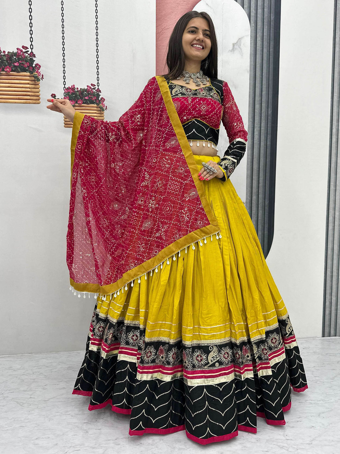 Luxurious Yellow Thread Embroidery Cotton Navratri Wear Lehenga With Blouse - Zeel Clothing