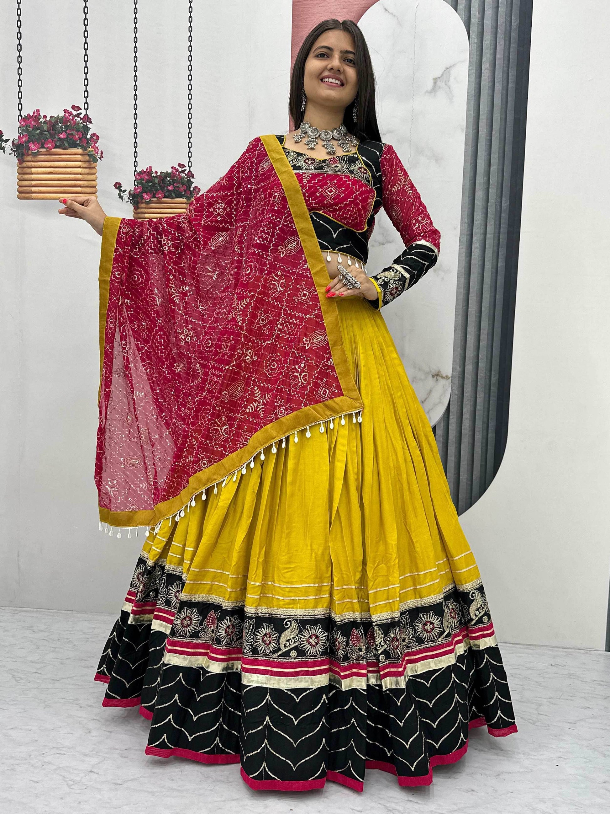 Luxurious Yellow Thread Embroidery Cotton Navratri Wear Lehenga With Blouse - Zeel Clothing