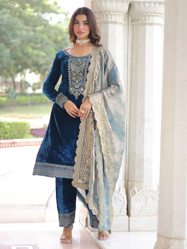 Amazeballs Blue Sequins Work Velvet Evening Wear Pant Suit With Dupatta