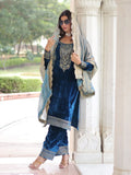 Amazeballs Blue Sequins Work Velvet Evening Wear Pant Suit With Dupatta