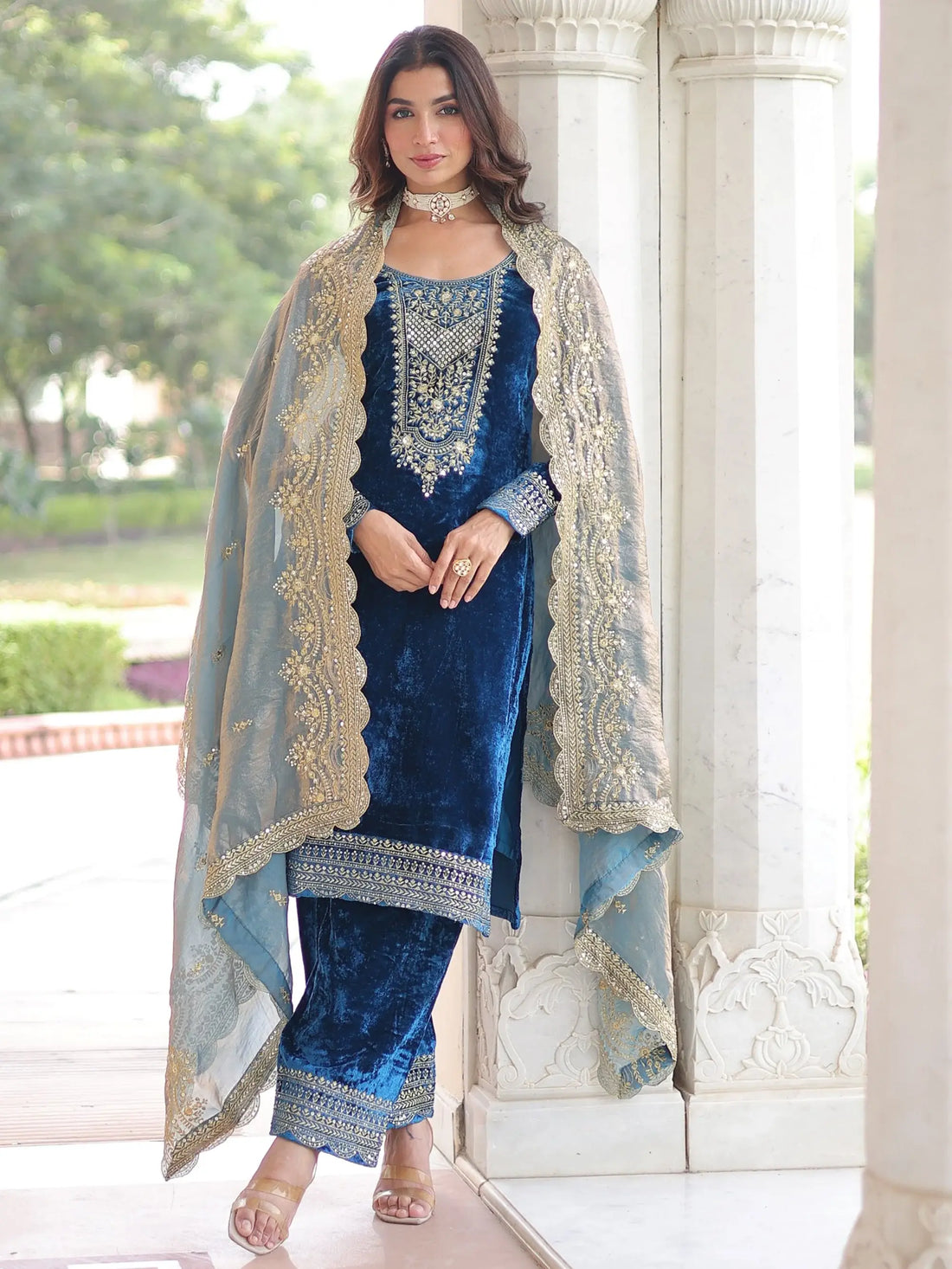 Amazeballs Blue Sequins Work Velvet Evening Wear Pant Suit With Dupatta