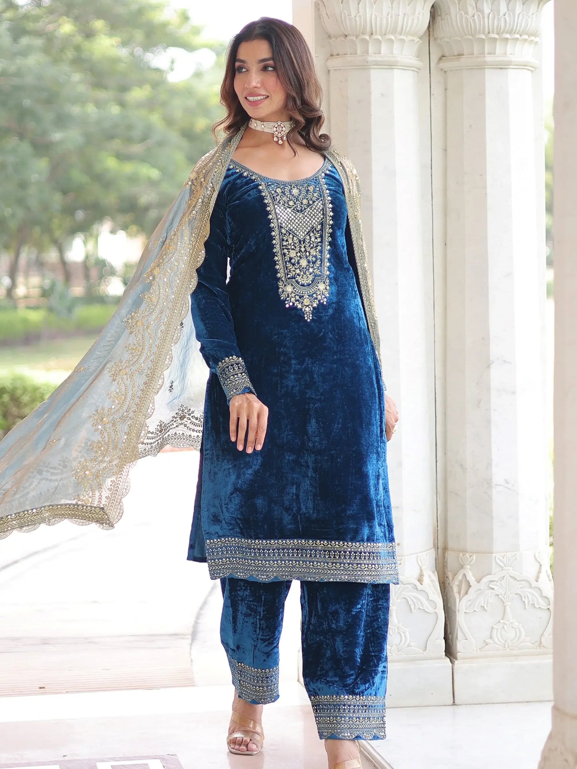 Amazeballs Blue Sequins Work Velvet Evening Wear Pant Suit With Dupatta