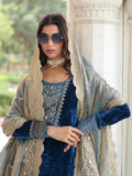 Amazeballs Blue Sequins Work Velvet Evening Wear Pant Suit With Dupatta