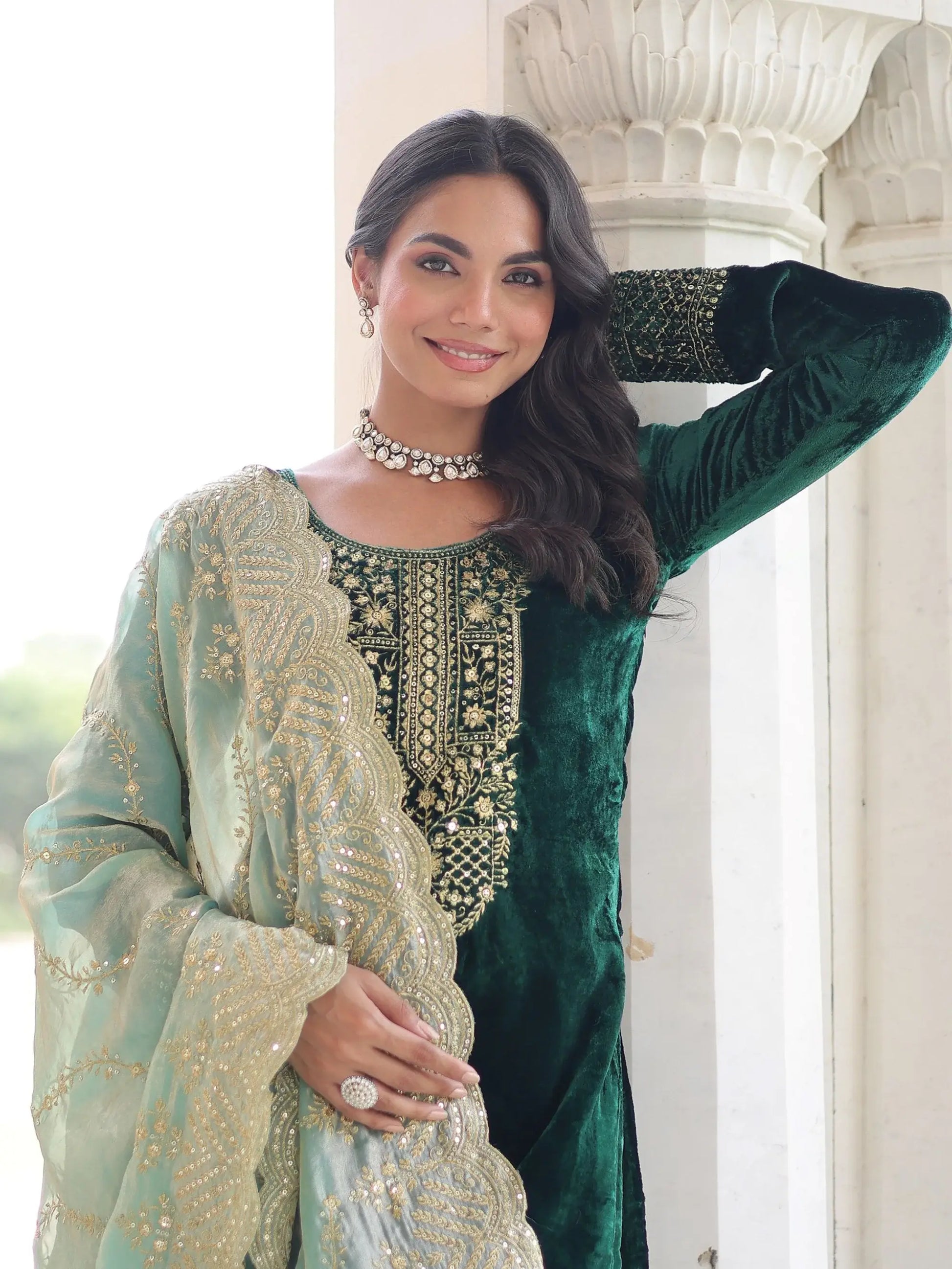 Beautiful Green Zari Work Velvet Wedding Wear Pant Suit With Dupatta