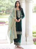 Beautiful Green Zari Work Velvet Wedding Wear Pant Suit With Dupatta
