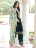 Beautiful Green Zari Work Velvet Wedding Wear Pant Suit With Dupatta