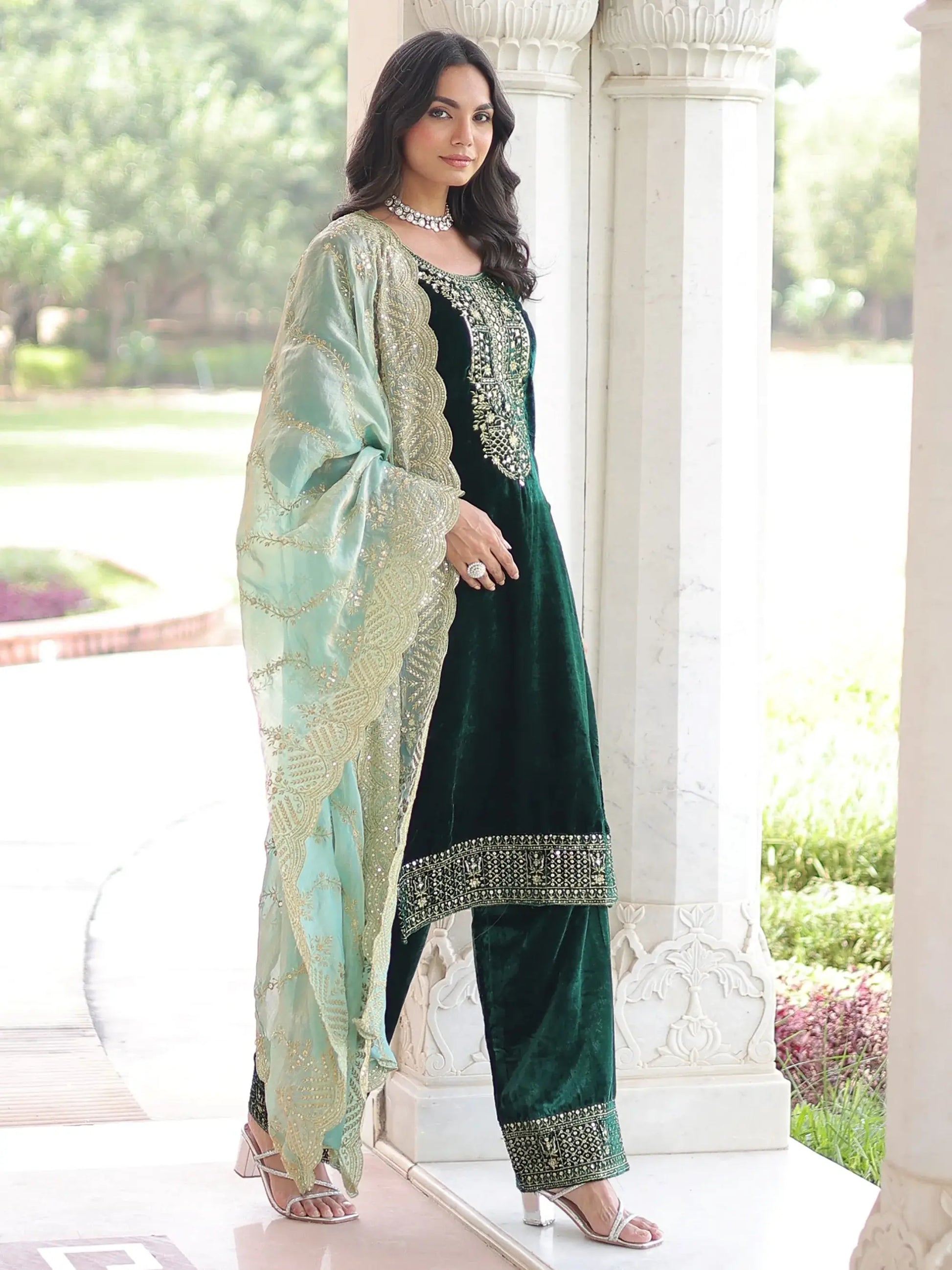 Beautiful Green Zari Work Velvet Wedding Wear Pant Suit With Dupatta
