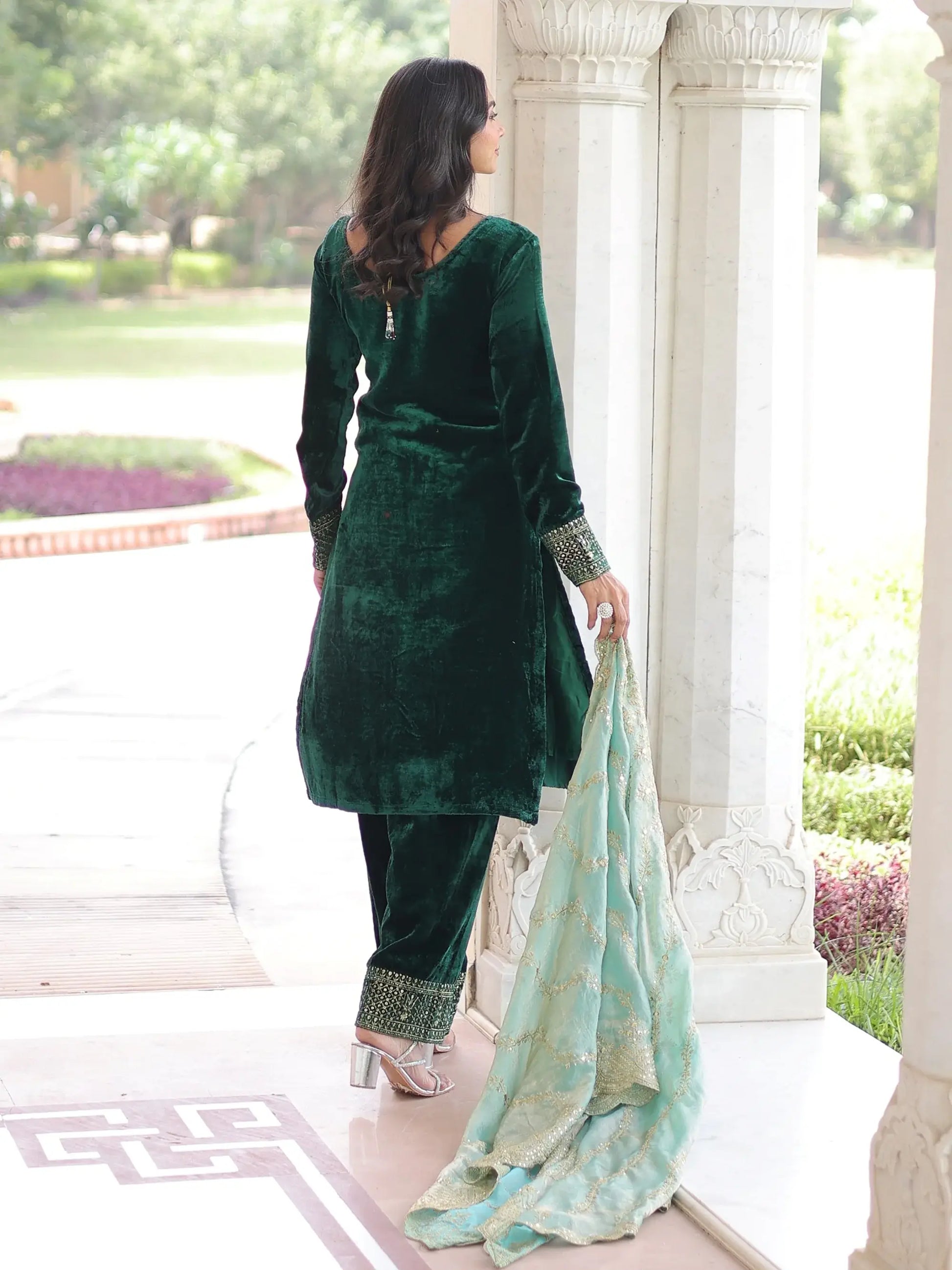 Beautiful Green Zari Work Velvet Wedding Wear Pant Suit With Dupatta