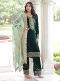 Beautiful Green Zari Work Velvet Wedding Wear Pant Suit With Dupatta