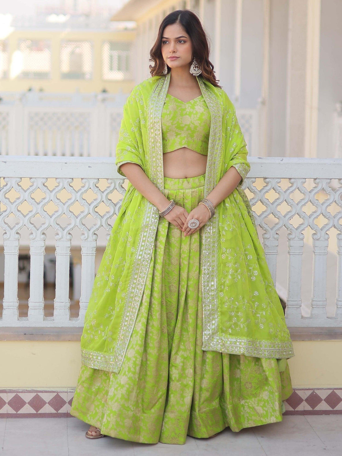 Ravishing Green Embroidered Jacquard Wedding Wear Lehenga Choli