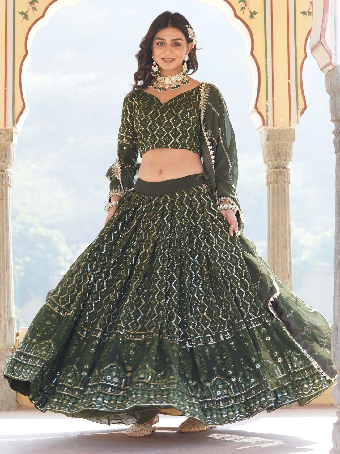 Dazzling Olive Green Sequins Georgette Function Wear Lehenga Choli