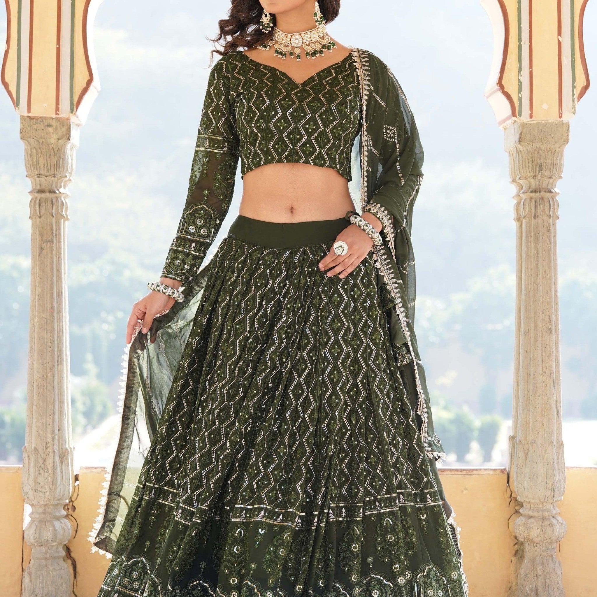 Dazzling Olive Green Sequins Georgette Function Wear Lehenga Choli