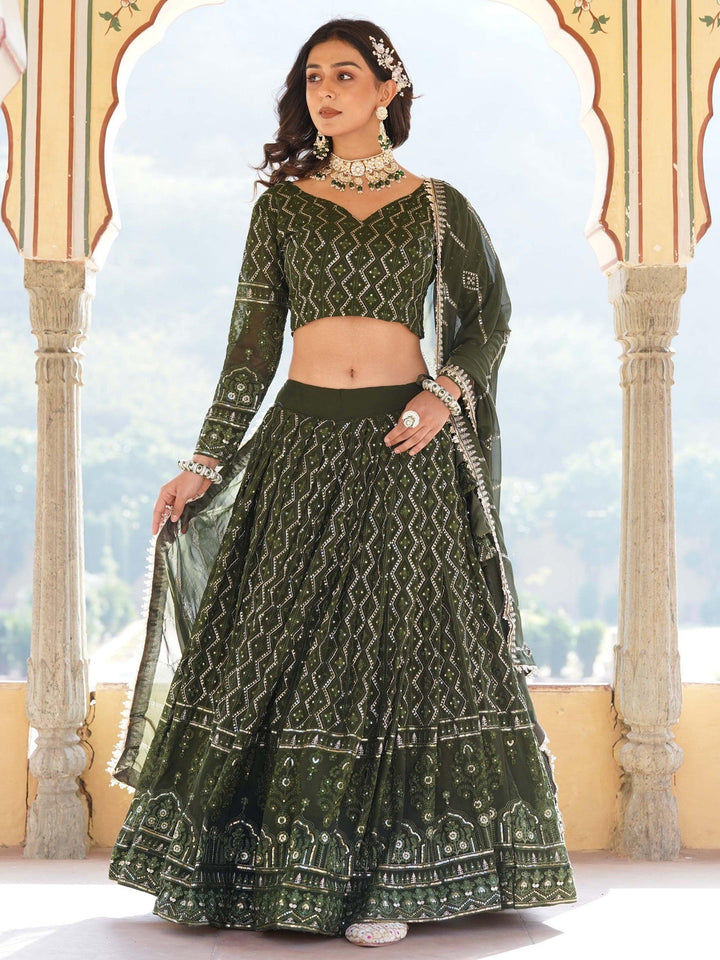 Dazzling Olive Green Sequins Georgette Function Wear Lehenga Choli