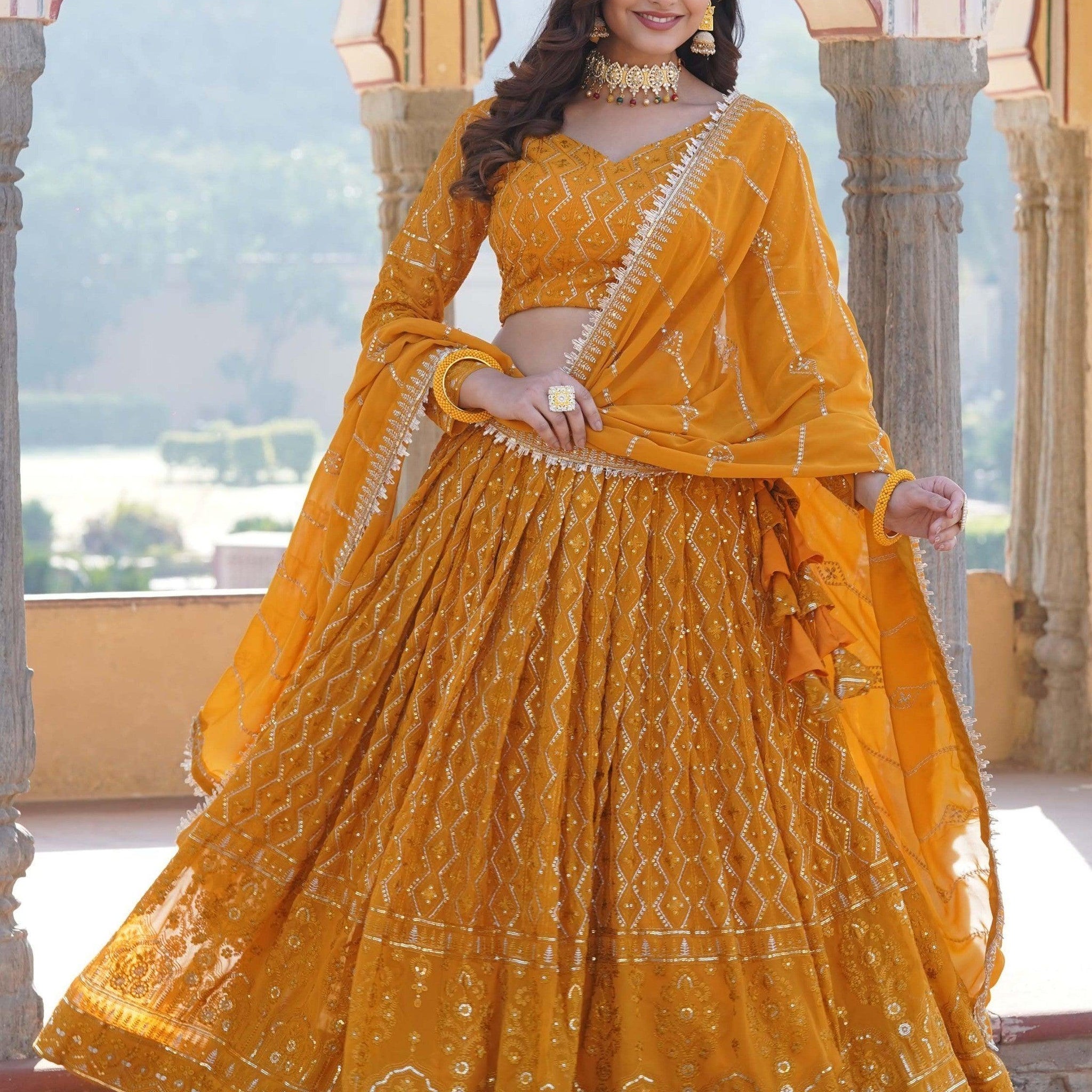 Sensational Yellow Sequins Georgette Function Wear Lehenga Choli