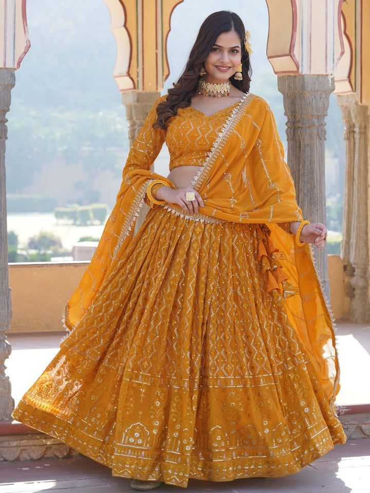 Sensational Yellow Sequins Georgette Function Wear Lehenga Choli