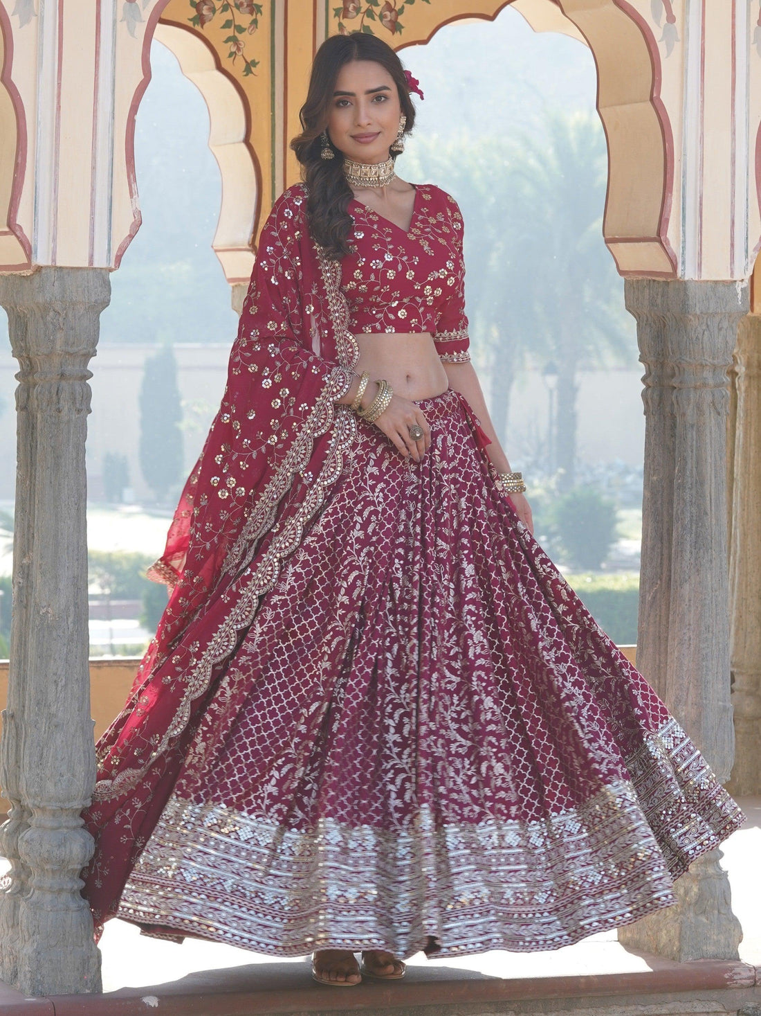 Glamorous Rani Pink Sequins Jacquard Sangeet Wear Lehenga Choli