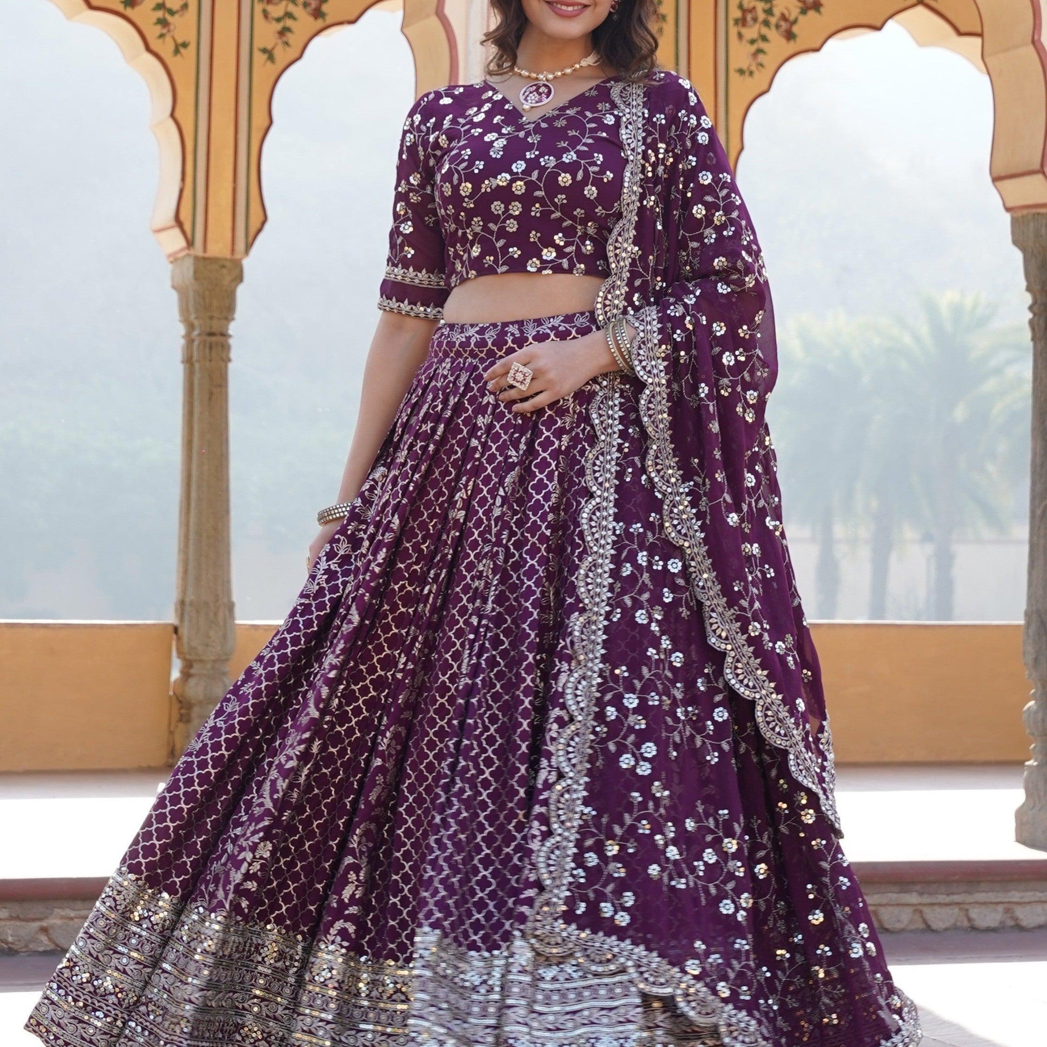 Charming Wine Sequins Jacquard Engagement Wear Lehenga Choli