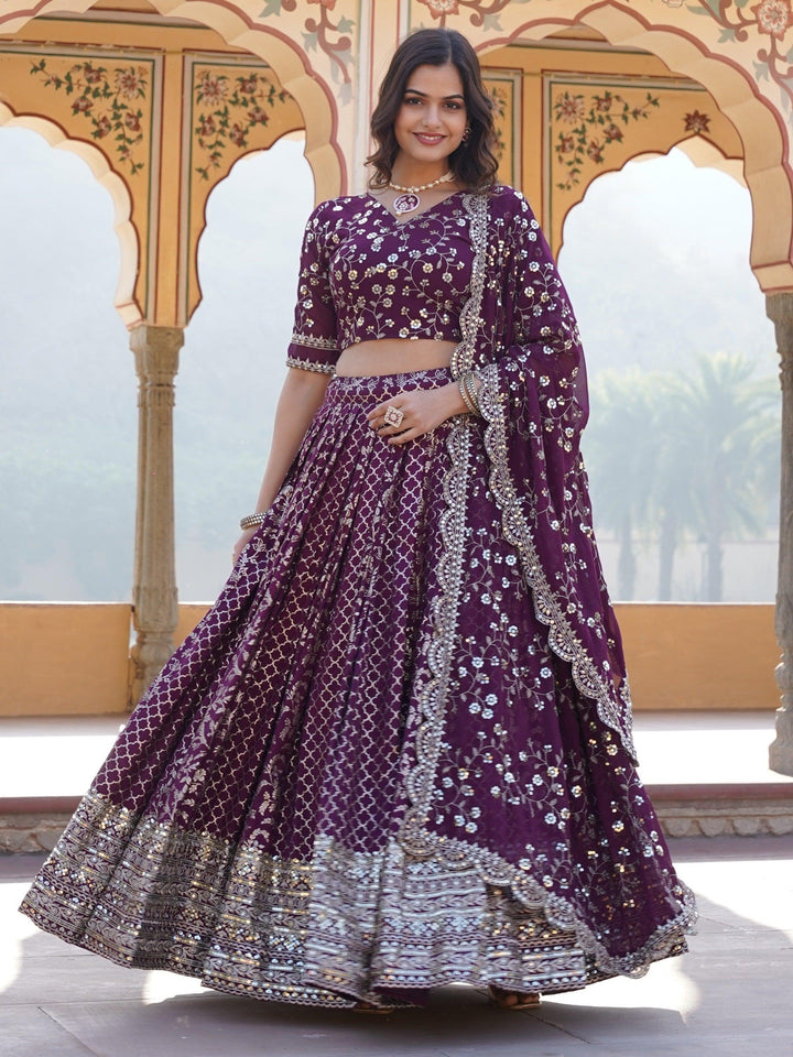 Charming Wine Sequins Jacquard Engagement Wear Lehenga Choli