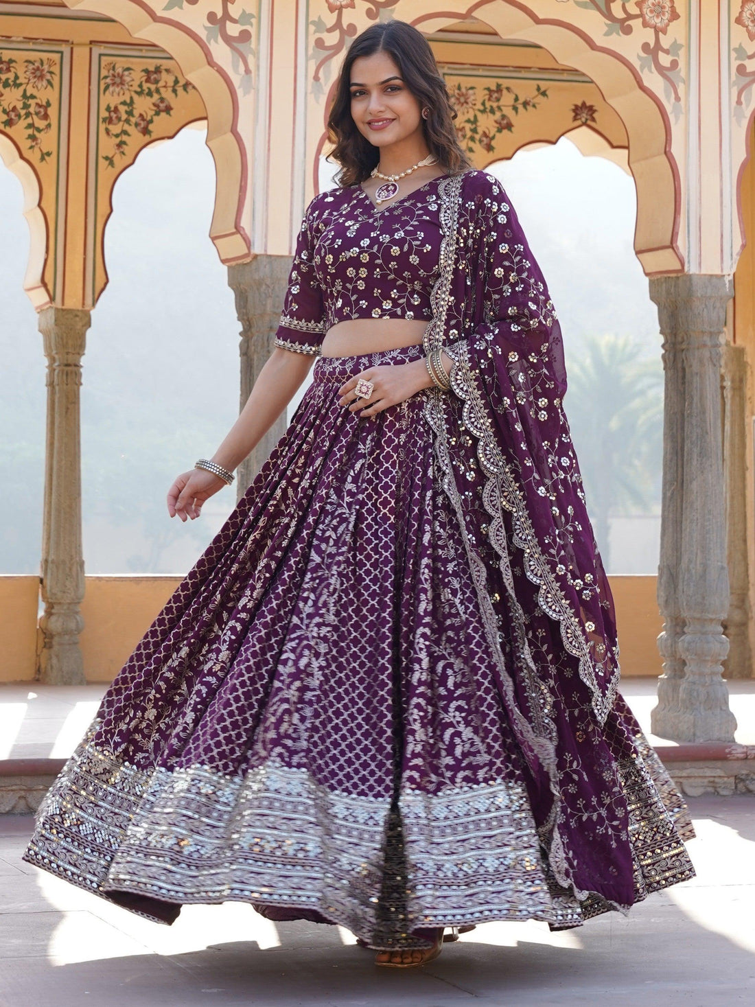Charming Wine Sequins Jacquard Engagement Wear Lehenga Choli