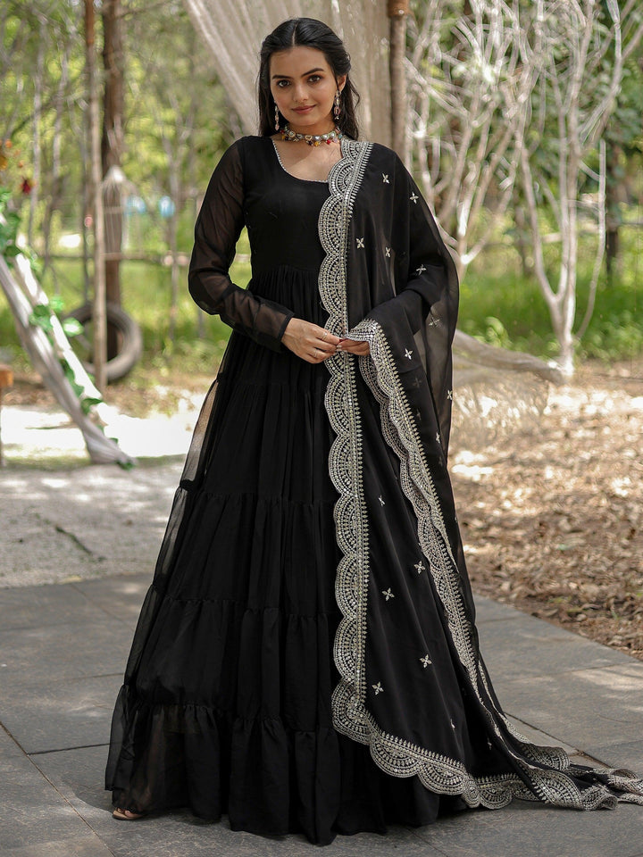 Magnificent Black Georgette Party Wear Plain Gown With Dupatta