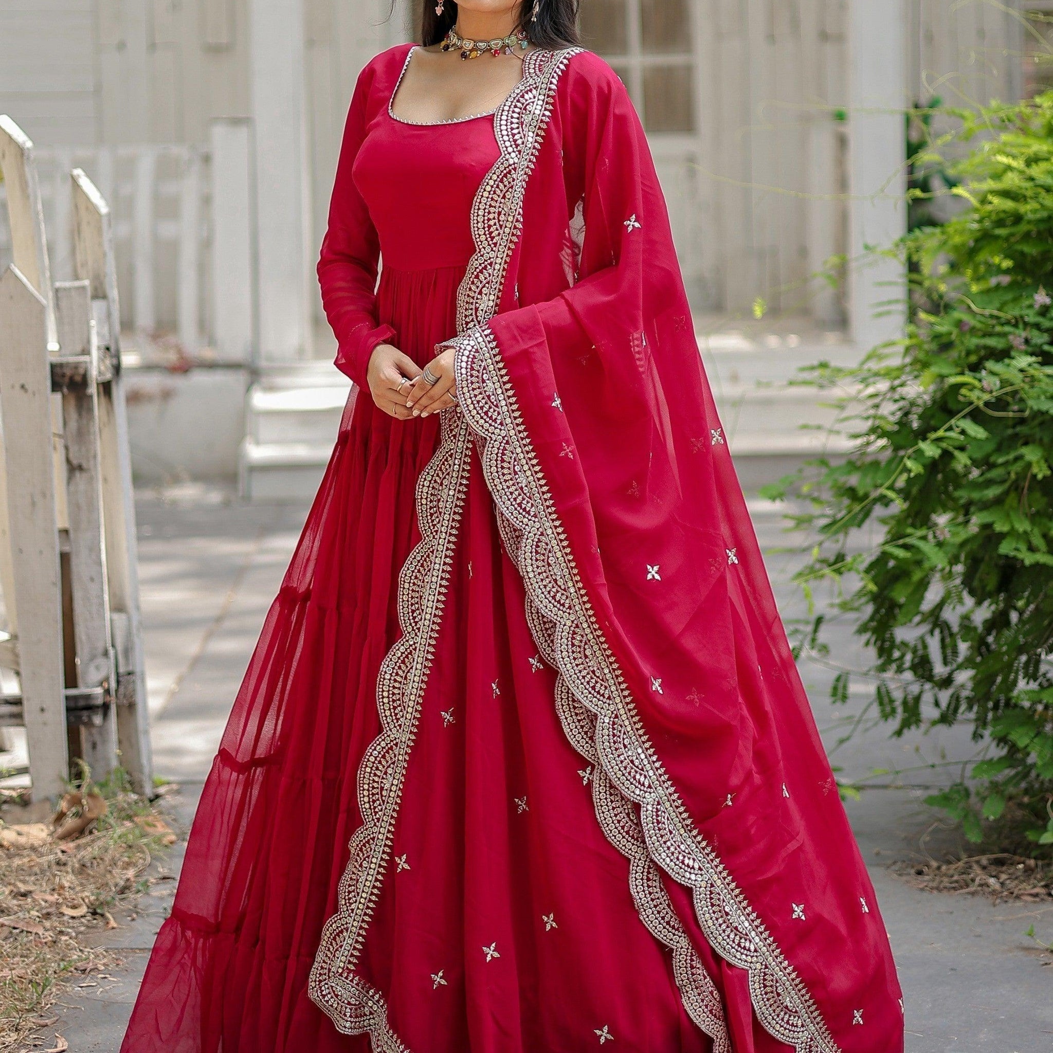 Beautiful Rani Pink Georgette Reception Wear Plain Gown With Dupatta