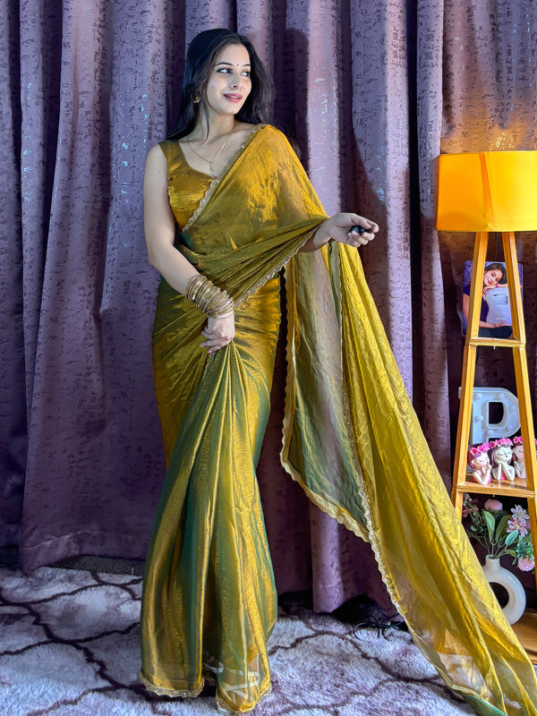Marvelous Mehendi Two Tone Silk Festival Wear Saree With Blouse