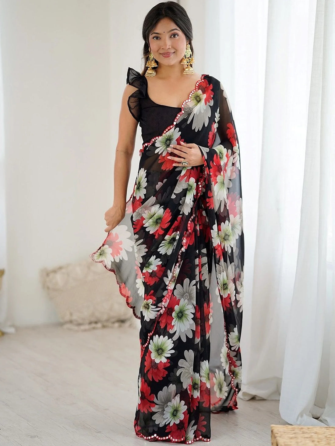 Magnetic Black Floral Printed Georgette Party Wear Saree With Blouse
