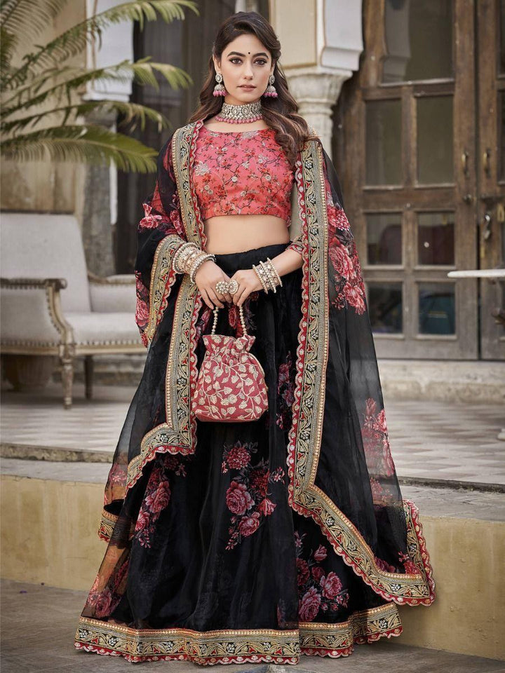 Magnetic Black Floral Printed Organza Traditional Wear Lehenga Choli