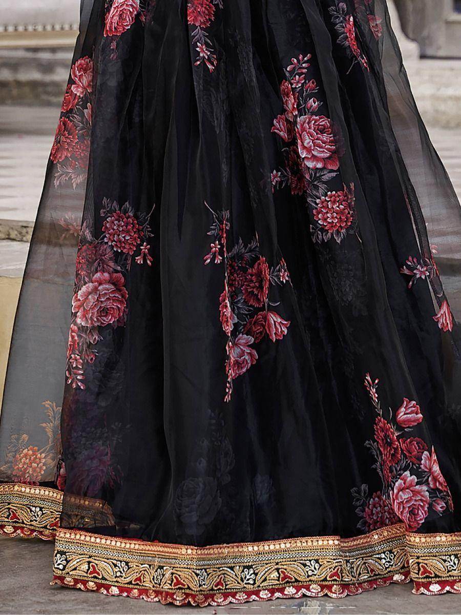 Magnetic Black Floral Printed Organza Traditional Wear Lehenga Choli - Zeel Clothing