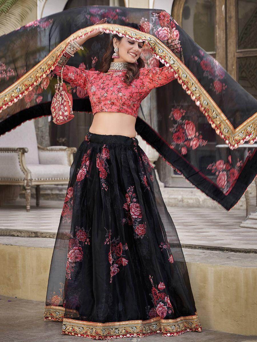 Magnetic Black Floral Printed Organza Traditional Wear Lehenga Choli - Zeel Clothing