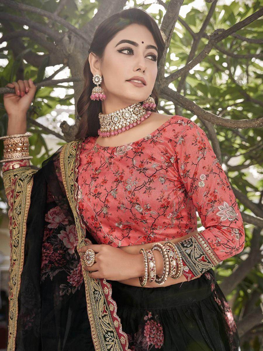Magnetic Black Floral Printed Organza Traditional Wear Lehenga Choli - Zeel Clothing