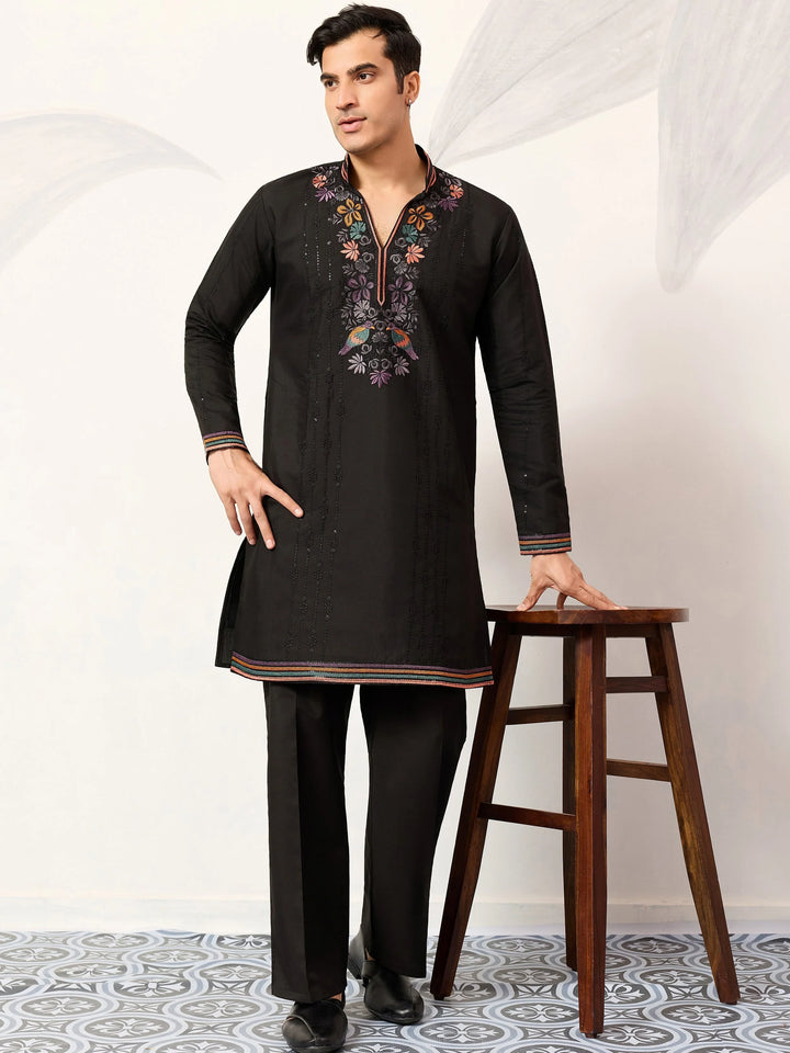 Magnetic Black Sequins Work Viscose Silk Festivals Wear Men’s Kurta