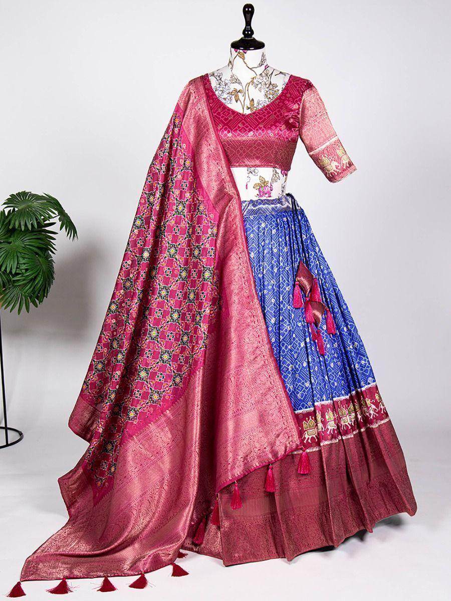 Magnetic Blue Digital Printed Jacquard Silk Wedding Wear Lehenga Choli - Zeel Clothing