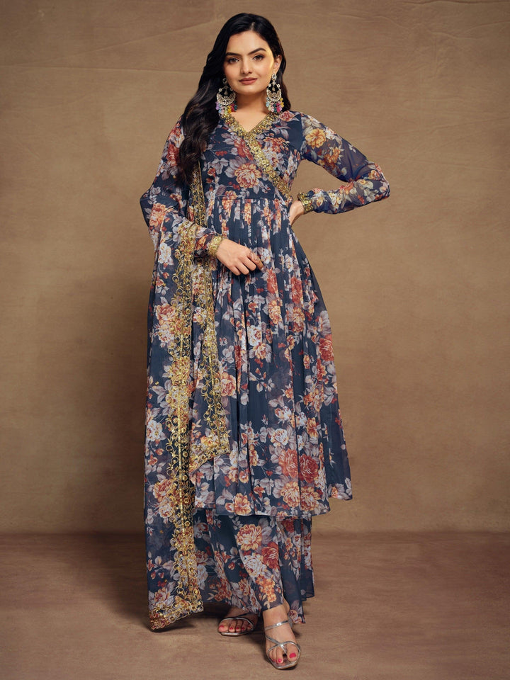 Magnetic Blue Floral Printed Chiffon Function Wear Palazzo Suit