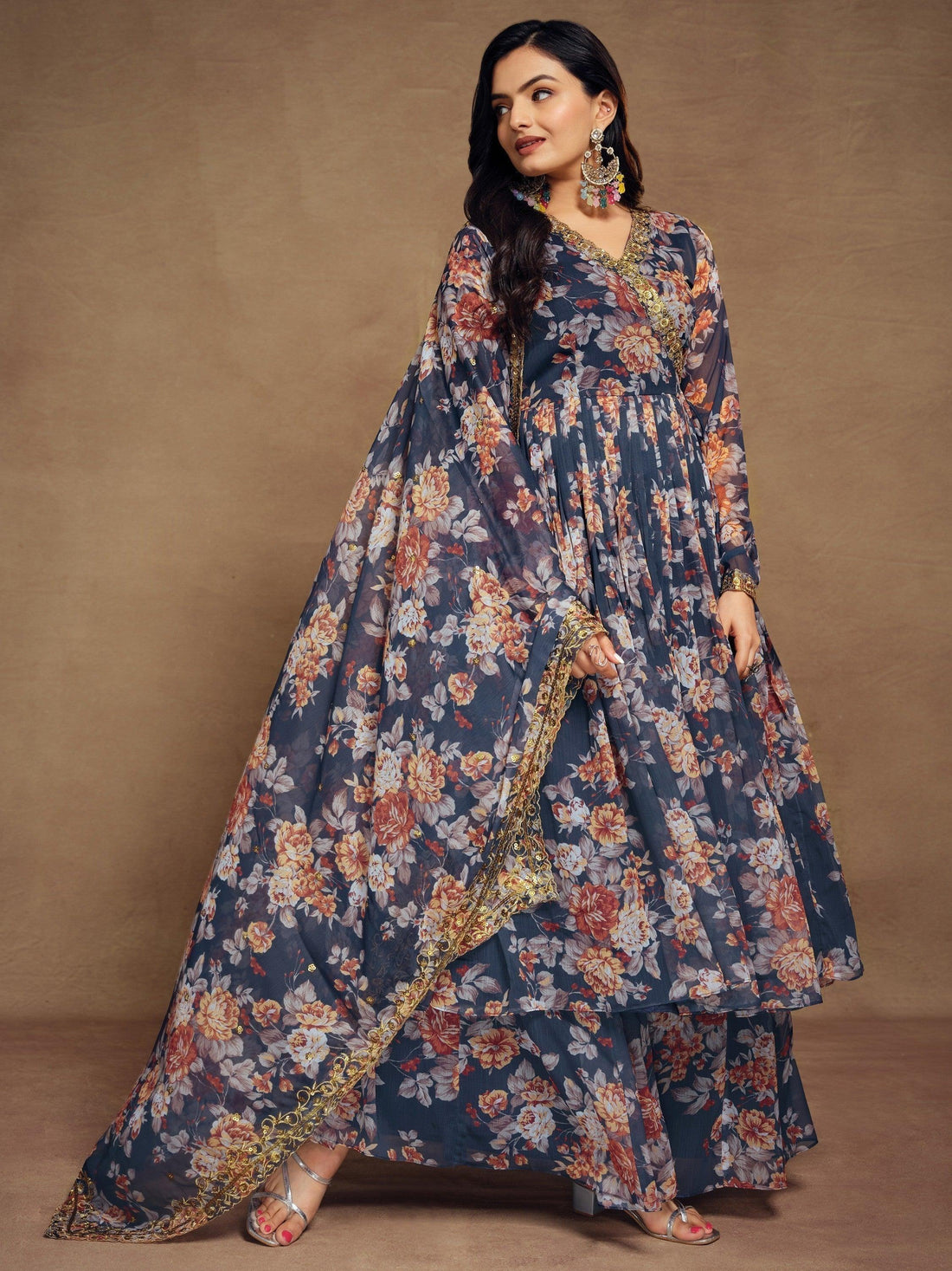 Magnetic Blue Floral Printed Chiffon Function Wear Palazzo Suit