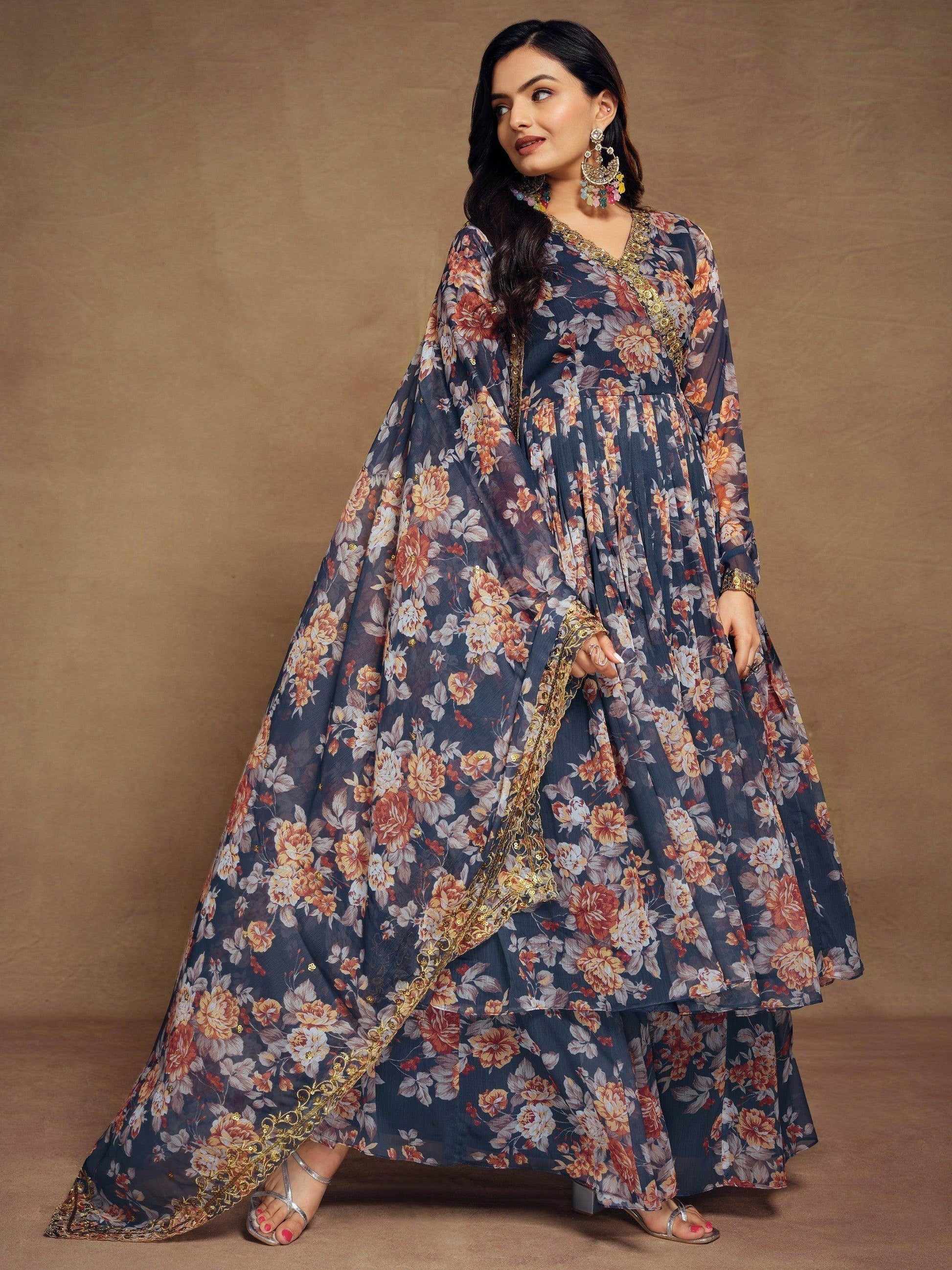 Magnetic Blue Floral Printed Chiffon Function Wear Palazzo Suit - Zeel Clothing